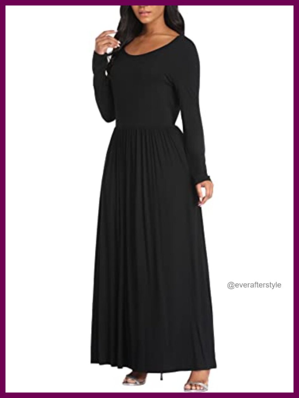 Women's Long Sleeve Maxi Dress with Pockets - Casual A-Line Scoop Neck - Picture 3 of 6